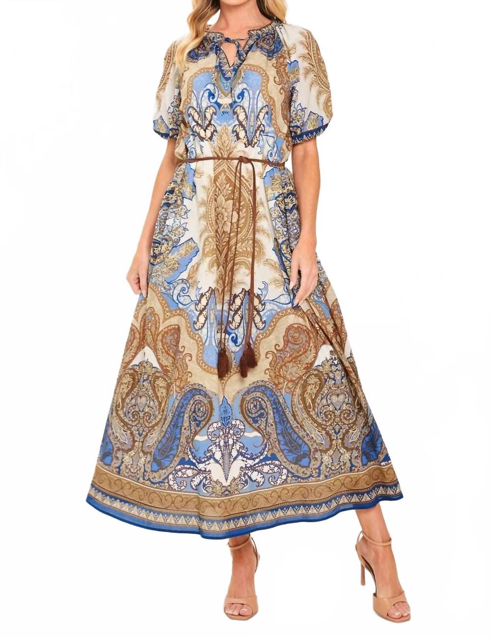 NEW FLYING TOMATO women's paisley woven midi dress in navy